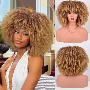 12 Inches Afro Curly Wigs for Black Women Afro Bomb Kinky Curly Wig with Bangs about 280g Fluffy and Soft Glueless Synthetic Hair Afo Wig (Ombre Blonde)