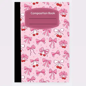 Pink Bow With Cherries Composition Book 80 Smooth Ruled Pages Sturdy Sewn Binding for Creative Note-Taking Journaling Stationery Supplies Writing Pad Cover Portable