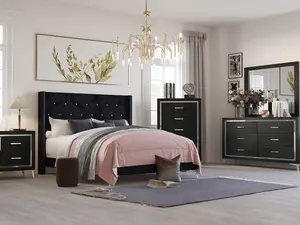 00-3365-4PC 4 pc Huxley black finish wood black fabric upholstered tufted headboard queen bed set silver accents