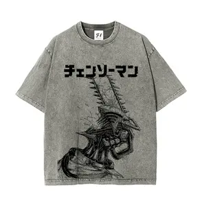 Denji x Reze Chainsaw Man Acid wash Anime Double Printed Vintage Washed Tee Unisex Oversize Anime Manga Heavyweight Cotton T-shirt