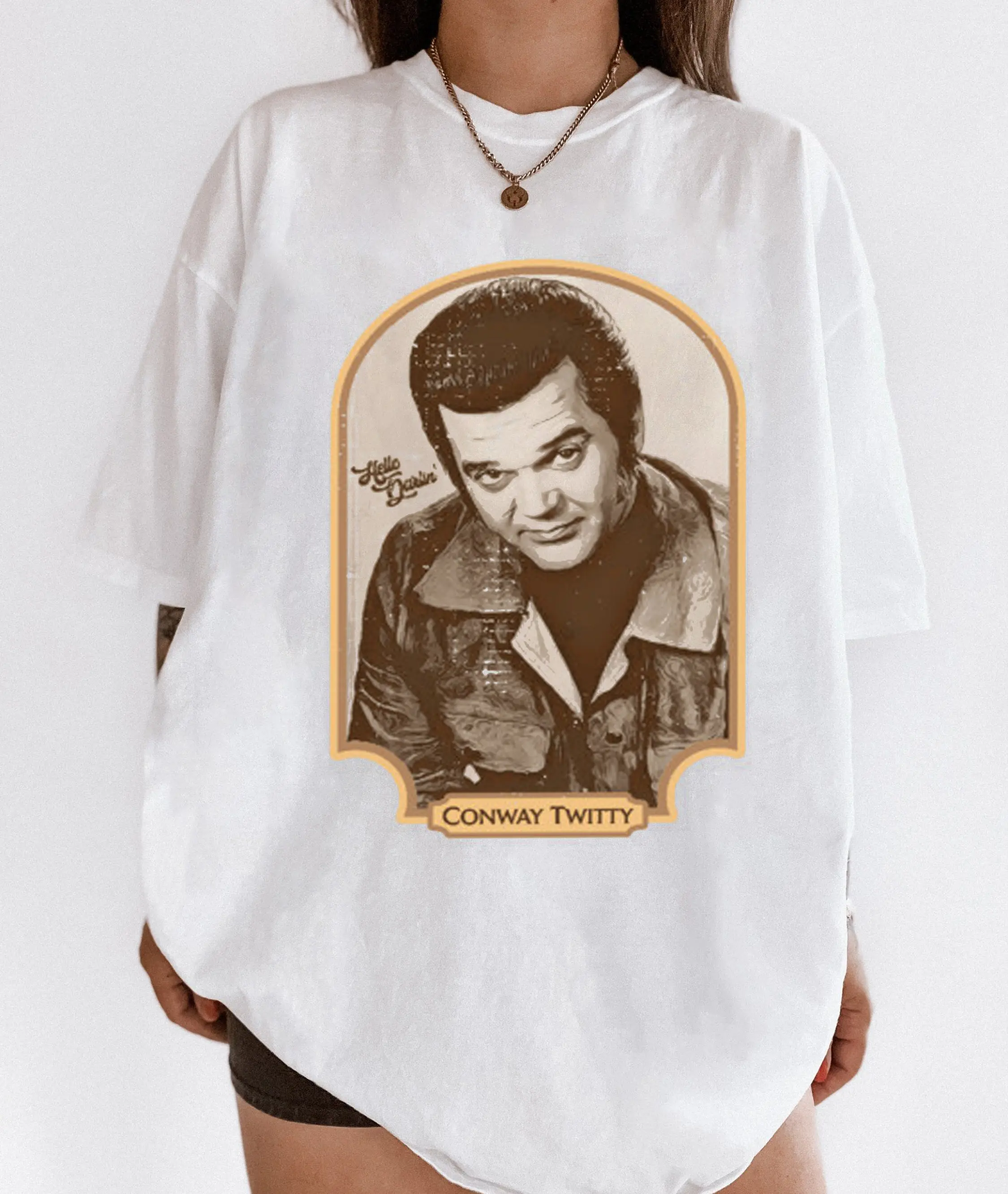 Women's Conway Twitty T-Shirt, Oversized Round Neck Hello Darlin' Graphic Print, Casual 100% Cotton All Seasons Clothes