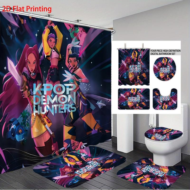 K-POP Demon Hunters Bathroom Set, Including Shower Curtain with 12 Hooks, Non-Slip Bath Rug, U-Shaped Toilet Mat, Toilet Lid Cover, Bathroom Decoration Accessories