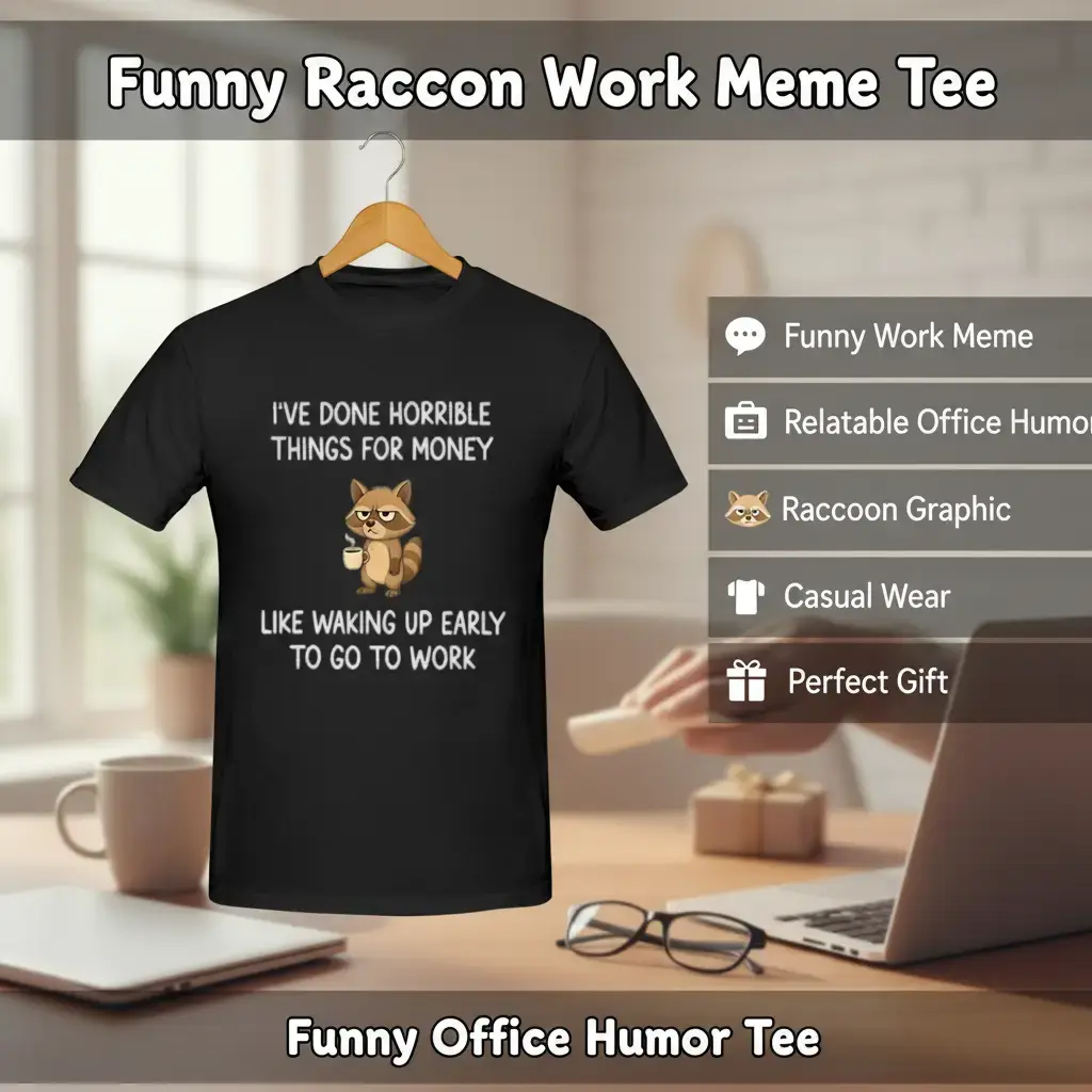 Men's Cotton Short-Sleeve Round Neck Soft T-Shirt - "I've Done Horrible Things For Money" Raccoon Graphic Garment, Funny Fitness Work Meme Top, Relatable Office Humor Tee