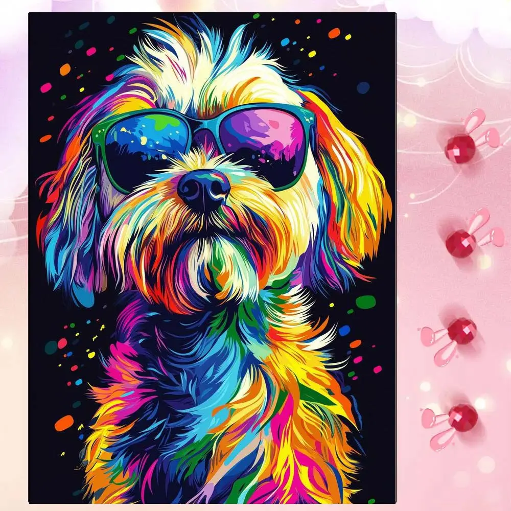 5D DIY Full Drill Round Diamond Painting - Diamond Art Kit Colorful Dog with Sunglasses Mosaic, Canvas - DIY Decor, Home Wall Decoration, Handicraft, Suitable for Halloween, Christmas, Birthday, and Anniversary Gifts