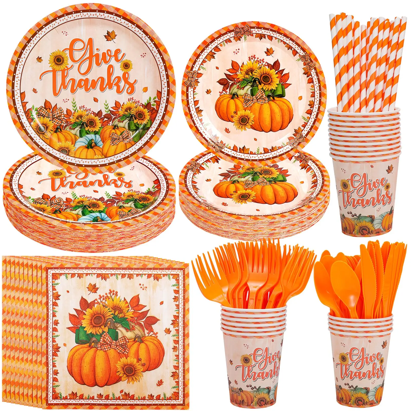 140PCS Thanksgiving Pumpkin Disposable Tableware Set Serves 20,Plates Cups Napkins Cutlery Fall Party Supplies