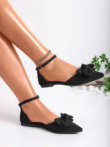 Elegant Black Pointed Toe Bow Flats with Ankle Strap, Comfy Non-Slip Flat Sandals for Work & Date