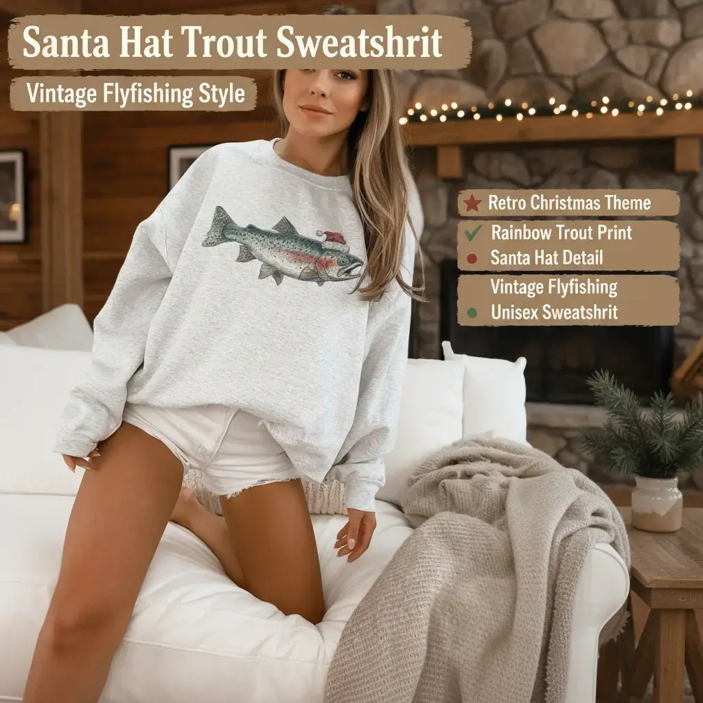 Vintage Christmas Sweatshirt, Unisex Flyfishing Trout Graphic, Cotton Polyester Round Neck Long Sleeve Pullover