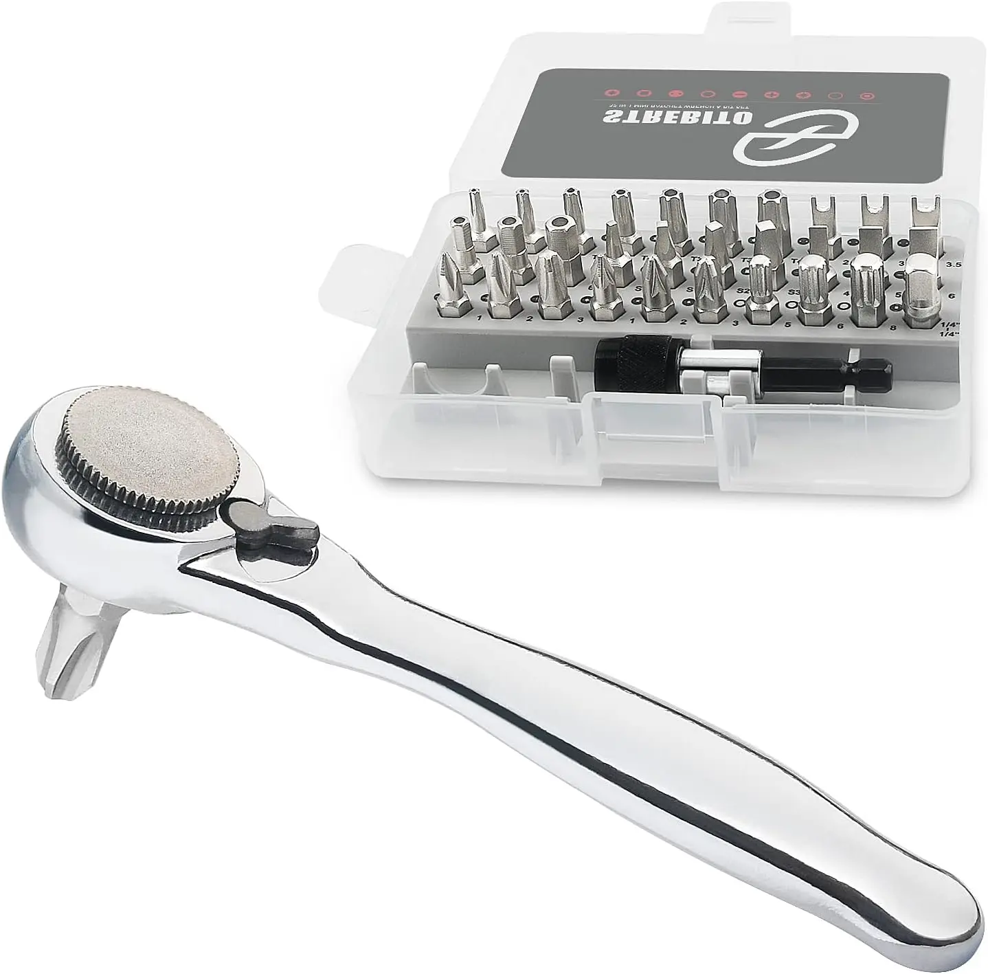 STREBITO 32-Piece Right Angle Screwdriver & 1/4" Mini Ratchet Set, 72-Tooth Ratcheting Wrench, Stubby 90° Screwdriver for Small Spaces