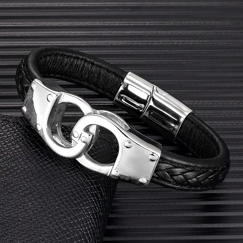 Handcuff Bracelet for Men High Quality Stainless Steel Genuine Leather Couple Bracelet Unique Menottes Bijoux Gift for Him