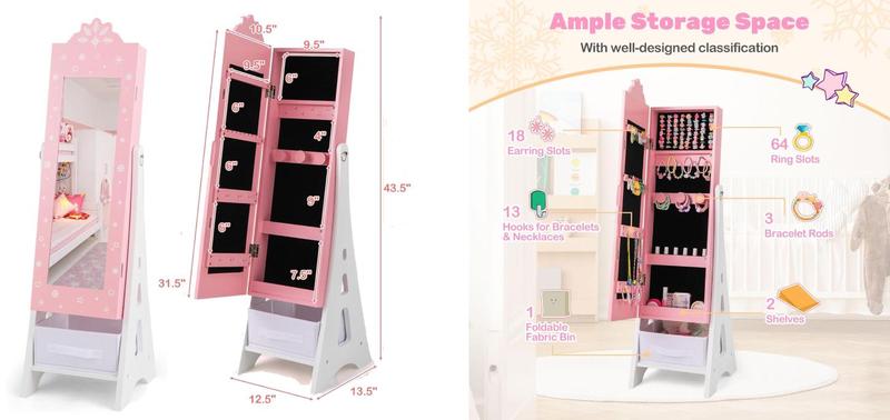 [Costway]-  Kids Jewelry Armoire Cabinet, Wooden Standing Jewelry Organizer with Full-length Mirror and Storage Drawers, gifts birthday,Christmas Festival Gift Black Friday Cyber Monday