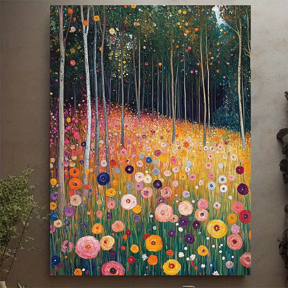 Gustav Klimt "The Park" Framed Flower Canvas Print Artwork - 1-Piece Composite Wood Frame, Vibrant Colors, Art Nouveau Abstract Art, Polka Dot Accents, Bedroom Home Decor, Ready to Hang, Ideal Gift for Enthusiasts, Back to School, Architecture Theme
