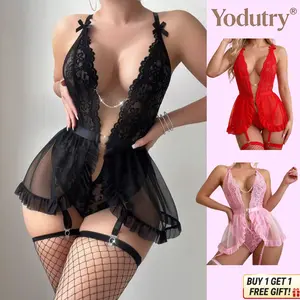 Plus Size Lace Lingerie Dress – Sheer Mesh Suspender Nightdress Soft Stretchy Slim Fit Sleepwear for Women