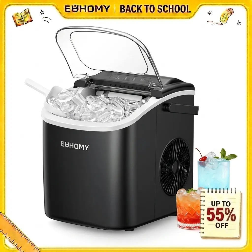 【Back To School】EUHOMY Ice Maker Countertop with Handle, 26lbs in 24Hrs, 9 Ice Cubes Ready in 6 Mins, Auto-Cleaning Portable Ice Maker with Basket and Scoop, for Home/Kitchen/Camping/RV. (2024 New Silver) Utensils