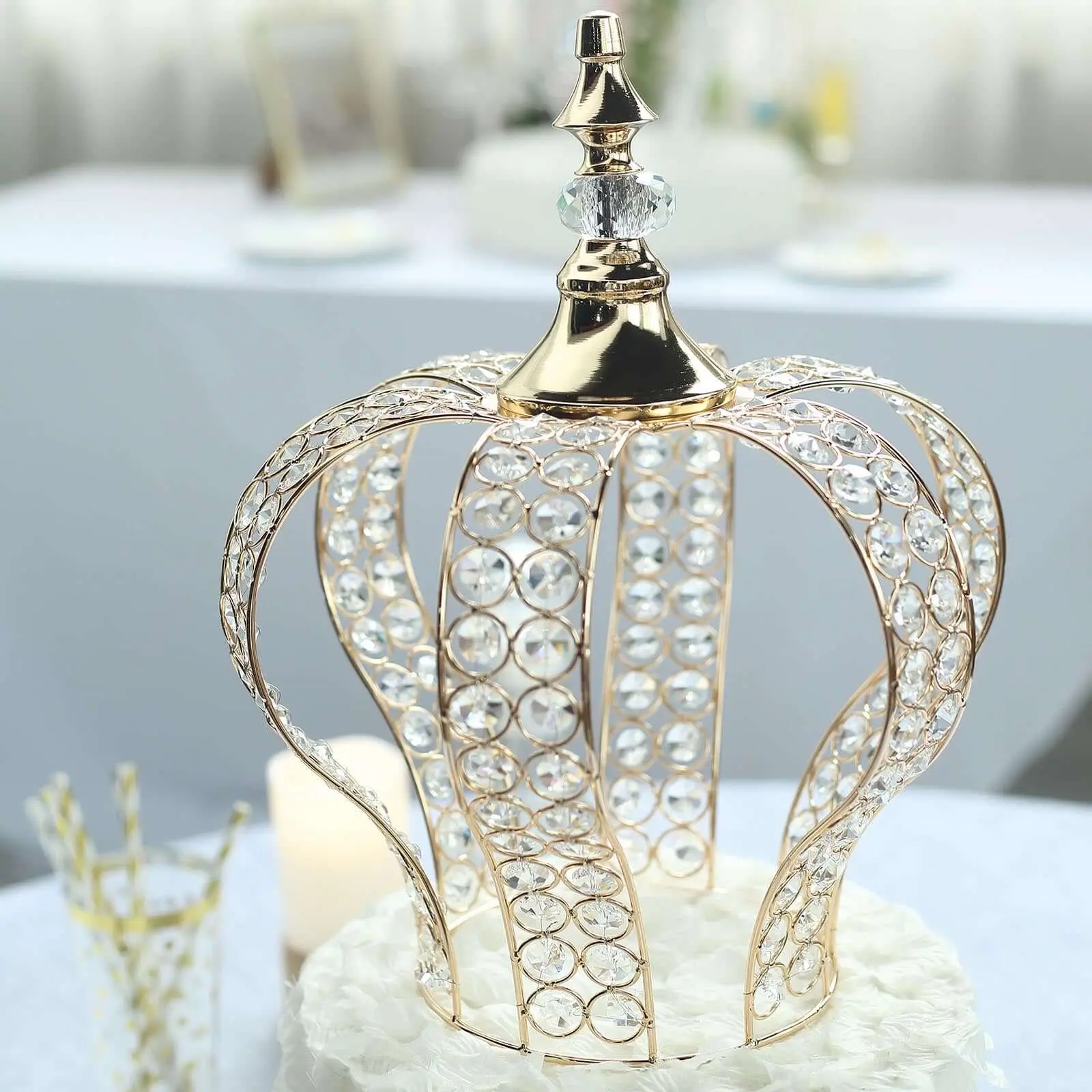 14" Metallic Gold Crystal-Bead Royal Crown Cake Topper - Elegant Crown-Shaped Decor for Wedding, Luxurious Birthday & Romantic Reception Cake Decoration Needs, Wedding Cake Topper