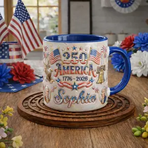 Patriotic Mug 2D Printed 3D Effect Custom Name Ceramic Coffee Cup With 250 America Flag Bell Eagle Icons For Americans 1776-2026 Anniversary Gift Keepsake