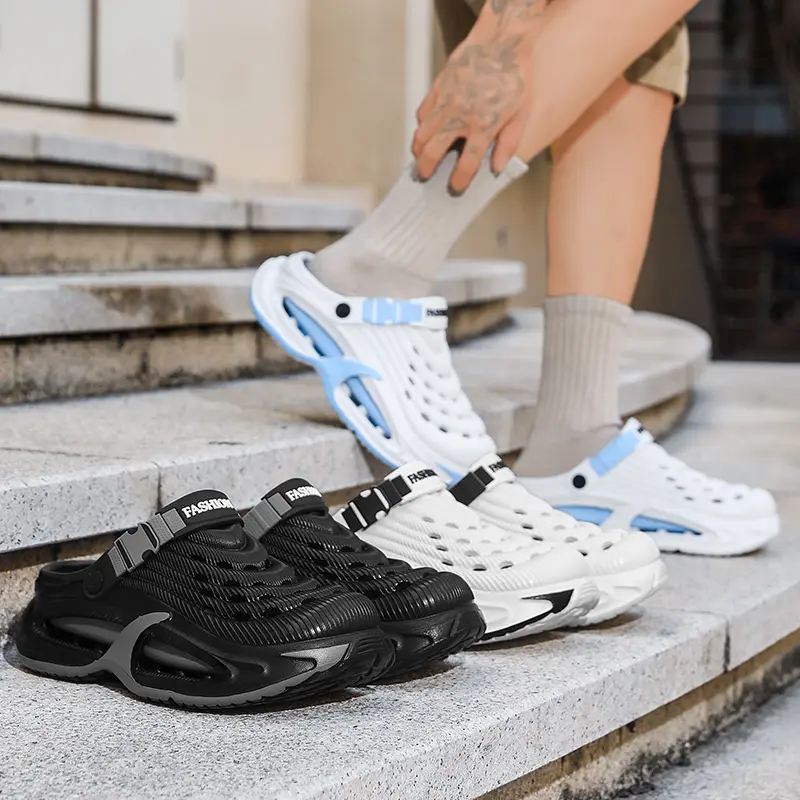 Men’s 5CM Thick Platform Cloud Cushion Clogs Slides, Adjustable Strap Hollow Breathable EVA Sport Sandals, Non Slip Shock Absorbing Open Toe Outdoor Slippers, Black White Blue Colorways For Beach Shower Casual Daily Walking