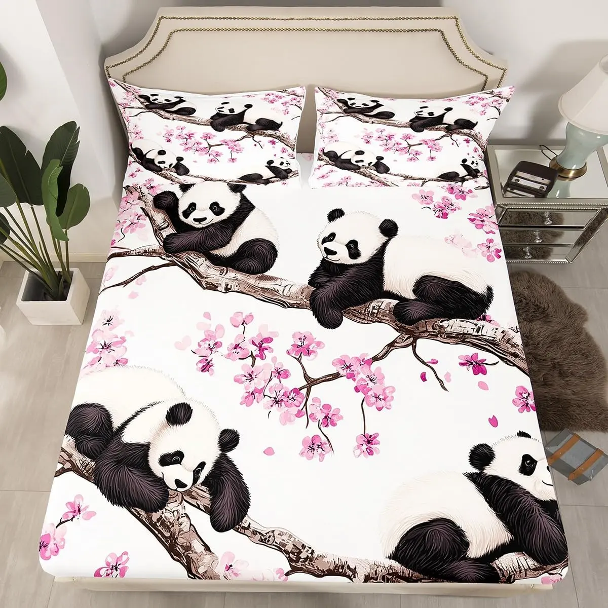 Panda Bedding Set Floral Cherry Blossom Bed Sheets,White Black Bear Fitted Sheet Tree Branche Wild Animal Cute Bed Set,Pink White