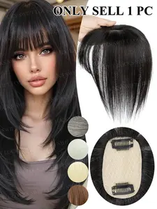 Natural Black Human Hair Topper Hair Block 8-14 Inches Middle Part Bangs Clip-In Hair Extensions, Women's Daily Use Hairpiece