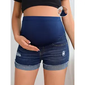 Maternity Adjustable Waist Ripped Roll Up Hem Denim Shorts Womenswear Bottom