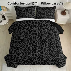 3pcs black leopard print U-shaped quilted duvet cover set (one blanket+2 pillowcases, excluding pillow core), made of polyester material, wear-resistant, bedroom series, single bed, double bed, multiple size options
