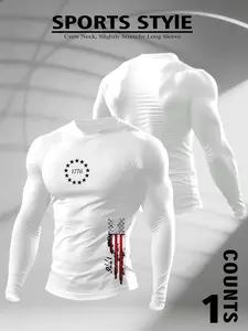Men's "1776 American Patriot" Graphic Crew Neck Compression Long Sleeve - Athletic Top for Gym Workouts, Stretch Fabric for Casual Wear, Trendy Patriotic Fitness Fashion Piece, Compression Sports Top