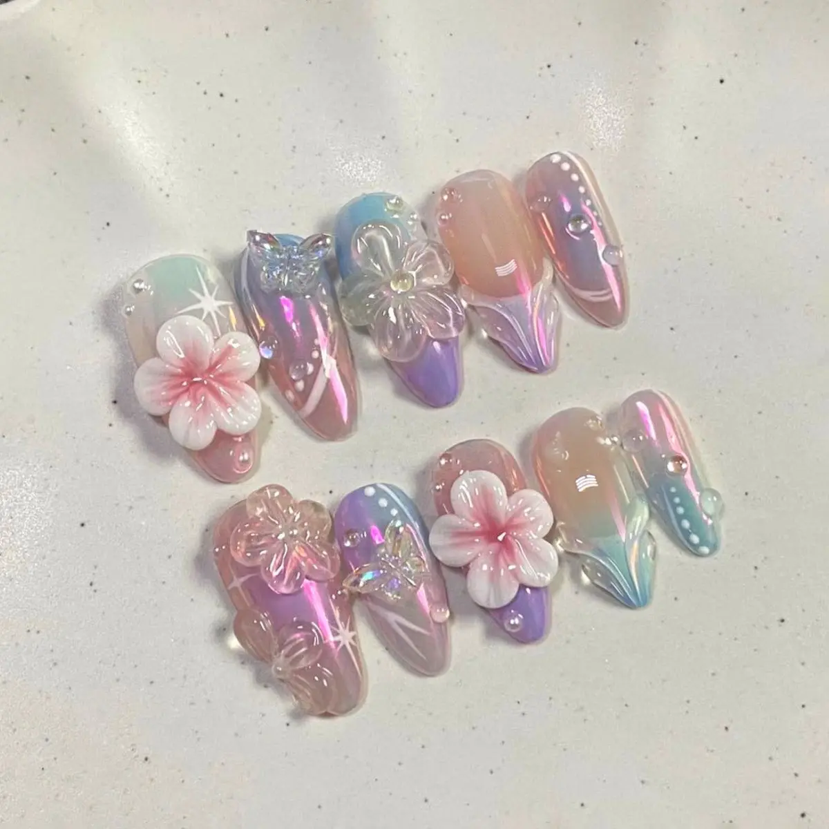 3D Ice Clear Flower Starburst French Gradient Sweet Universal European Style Detachable Nail Tips, 30 Pieces, Almond Shape, Nail Art