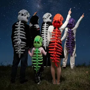 Wearable Dinosaur Skeleton Plush Outfit with 3D Spine & Skull Pillow, 6-Color Unisex Costume Backpack Plush Toy Dinosaur Skeleton Hoodie Cosplay Outfit for Kids & Adults Halloween Party Dress Up
