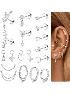 18 Pcs Helix Piercing Jewellery Copper With Surgical Steel Post Earrings Set Hypoallergenic Flat Back Earring Stud Helix Hoop with CZ Charms Cartilage Earrings Silver/Gold Conch Daith Tragus Piercing Jewellery 20G