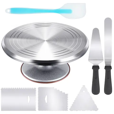 Kootek Heavy-Duty Aluminium Alloy 12" Cake Support Revolving Stand - Stable Anti-Slip Base with Rubber Feet, 12.7in Angled Frosting Tool, 3 Comb Icing Set, Silicone Spatulas, Pie Server/Cutter, Grip-Improving Cake Decorating Kit for Busy Counters