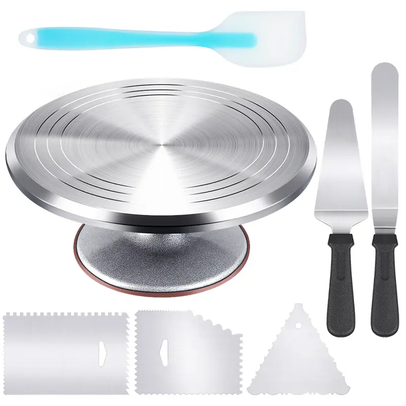Kootek Heavy-Duty Aluminium Alloy 12" Cake Support Revolving Stand - Stable Anti-Slip Base with Rubber Feet, 12.7in Angled Frosting Tool, 3 Comb Icing Set, Silicone Spatulas, Pie Server/Cutter, Grip-Improving Cake Decorating Kit for Busy Counters