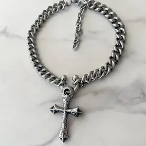 HEAVENLY - Stainless Steel Chain Gothic Cross & Surgical Circular Horseshoe Barbell Nose Ring Necklace Punk Edgy Goth y2k Fashion Accessory Durable And Sleek Bold Statement Piece