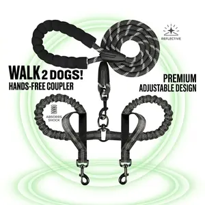 Double Dog Leash for Two Dogs, Heavy Duty Adjustable No Tangle, Bungee Retractable Split Multiple Leash for Walking 2 Dogs, 5.5FT-1/2”, Black