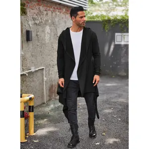 COOFANDY Long Hooded Cardigan Ruffle Shawl Collar Open Front Lightweight Drape Cape Overcoat with Pockets