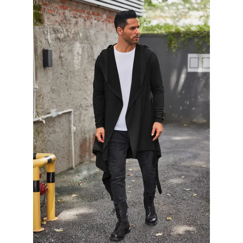 COOFANDY Long Hooded Cardigan Ruffle Shawl Collar Open Front Lightweight Drape Cape Overcoat with Pockets