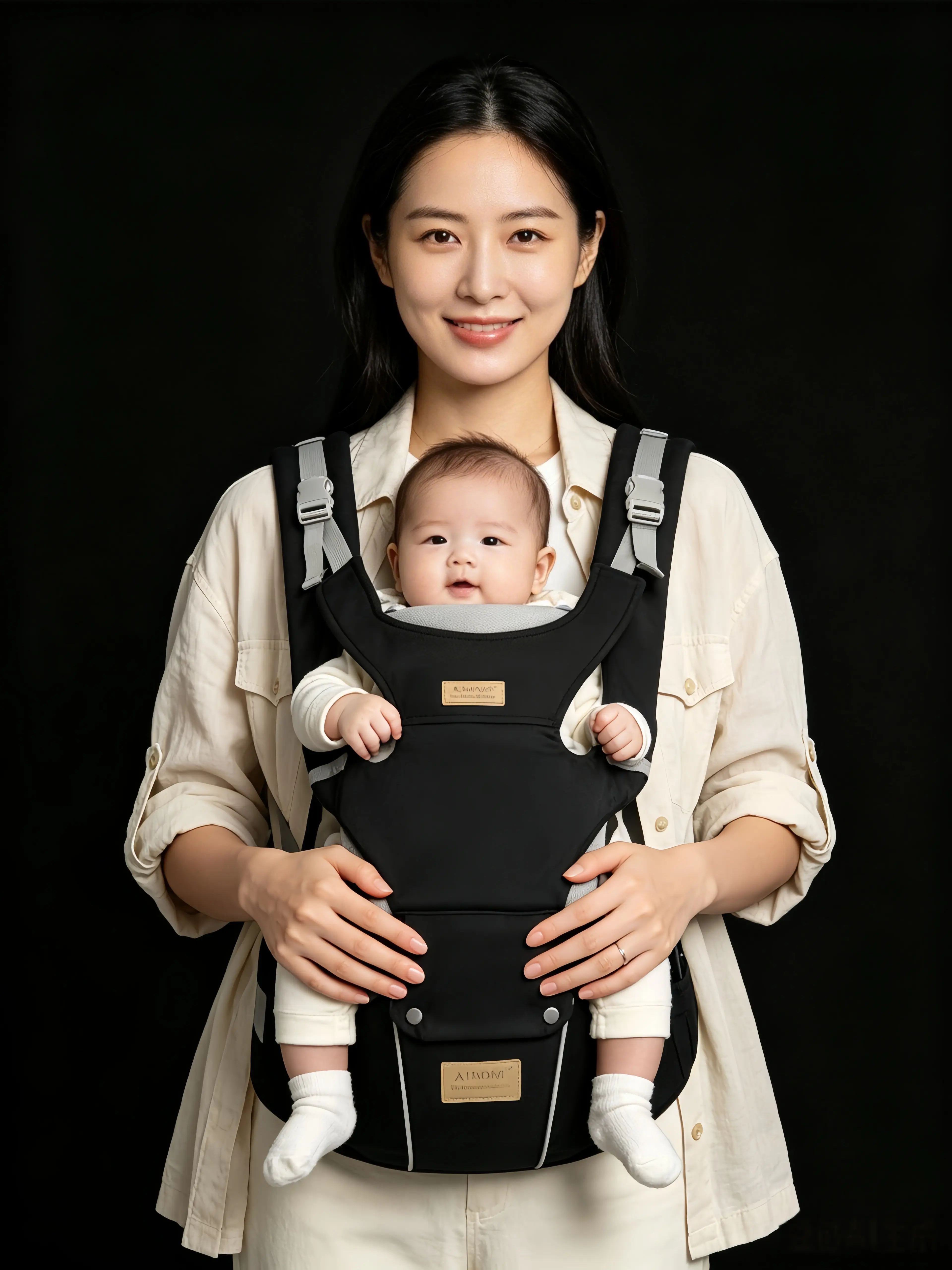 Unisex Polyester Ergonomic Wrap Carrier with Hip Seat, Adjustable for Newborn-Toddler, Hands-Free, Back Pain Relief, Cute Bear Hood, Lightweight, CPSIA Label, Ideal for Shopping, Logo Print
