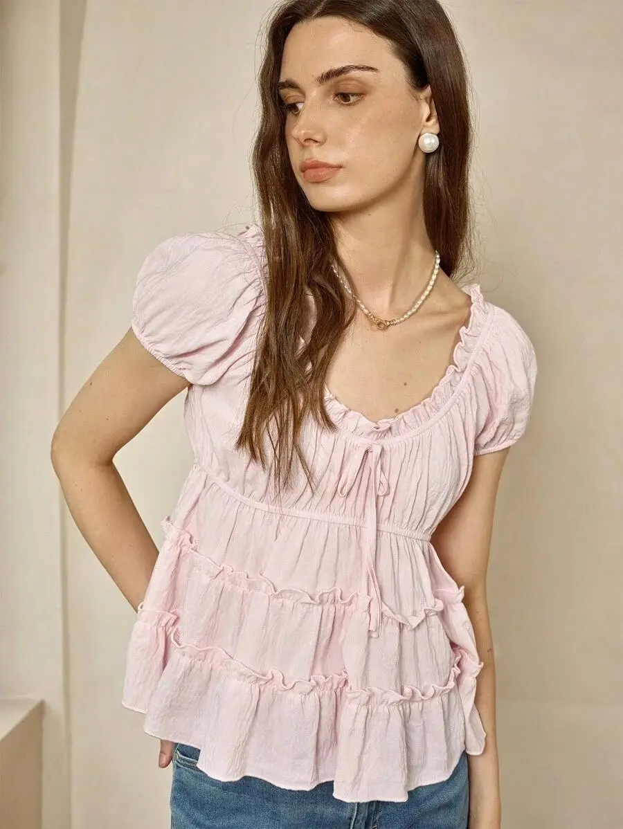 Women’s Elegant Solid Blouse – Puff Sleeves with Frill Trim Front Tie