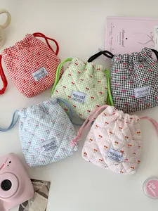 Korean Style Girl Cartoon Drawstring Makeup Bag, Cute Cherry Storage Pouch, Student Portable Travel Wash Bag, Handheld Cosmetic Pouch, Essential Organizer