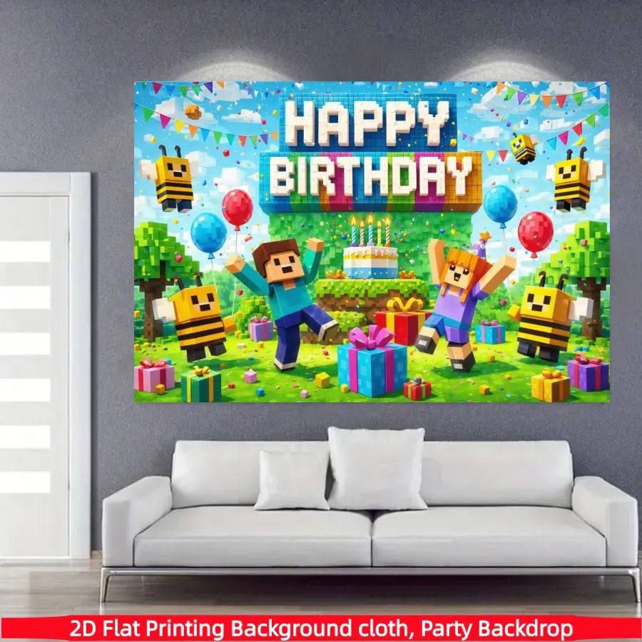 Pixel birthday party background banner, made of polyester material, suitable for photo booths, parties, birthdays, celebrations, as well as indoor and outdoor home birthday party decoration, home decoration, room decoration, wall decoration