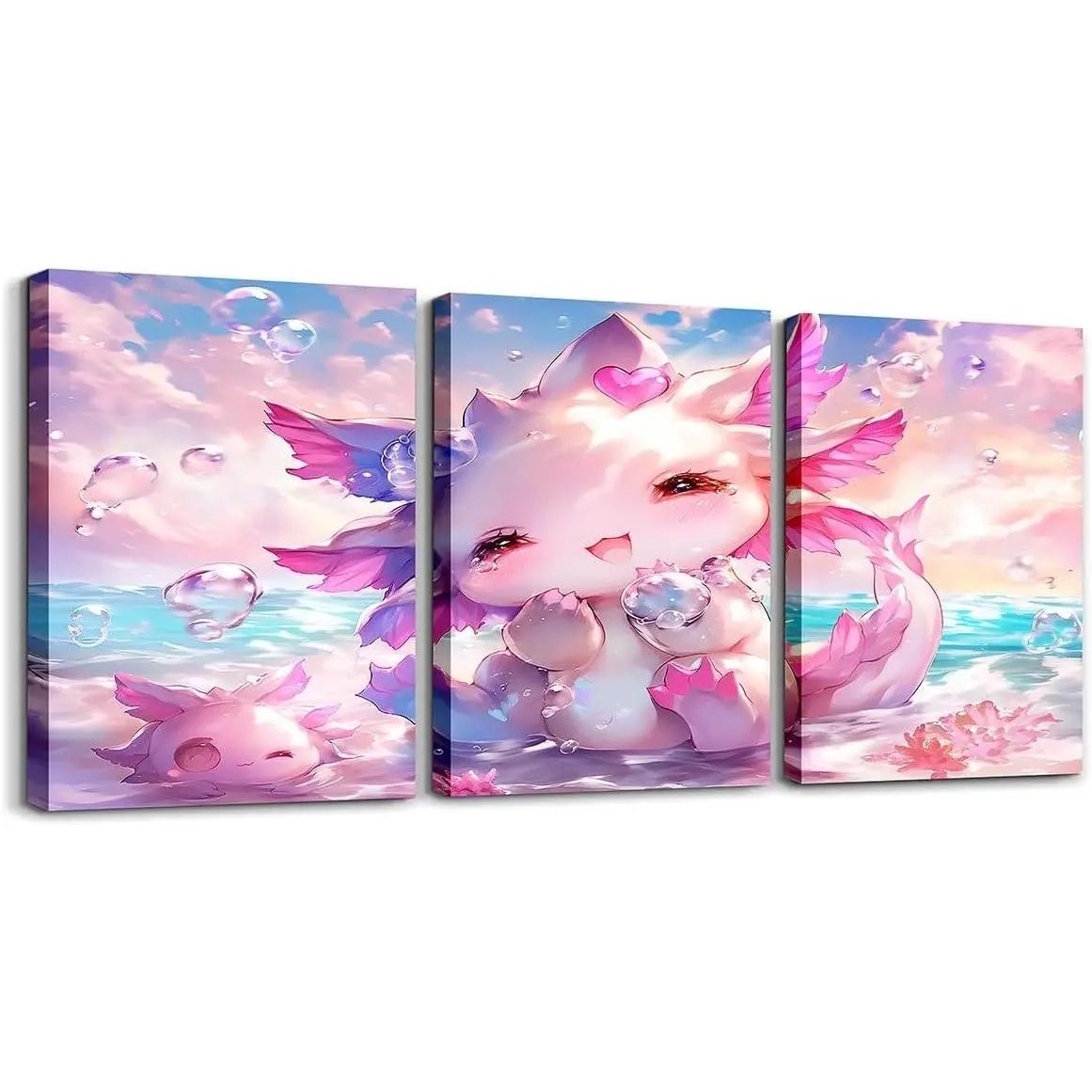 Feelyou 3Pcs 12x16in Kawaii Axolotl Framed Canvas Paintings - Colorful Farmhouse Landscape Frames with Hanger, Easy-to-Clean Retro Home Decor for Kids' Bedroom, Halloween Flower Gift