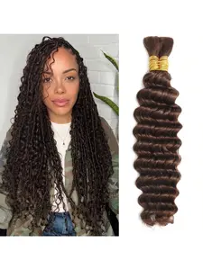 Human Braiding Hair for Boho Braids 100g 18 Inch  Brown Curly Boho Hair for Braiding Knotless 12A Deep Wave Bulk Bohemian 2 Bundles/Pack Color 4# Wavy Hairpieces