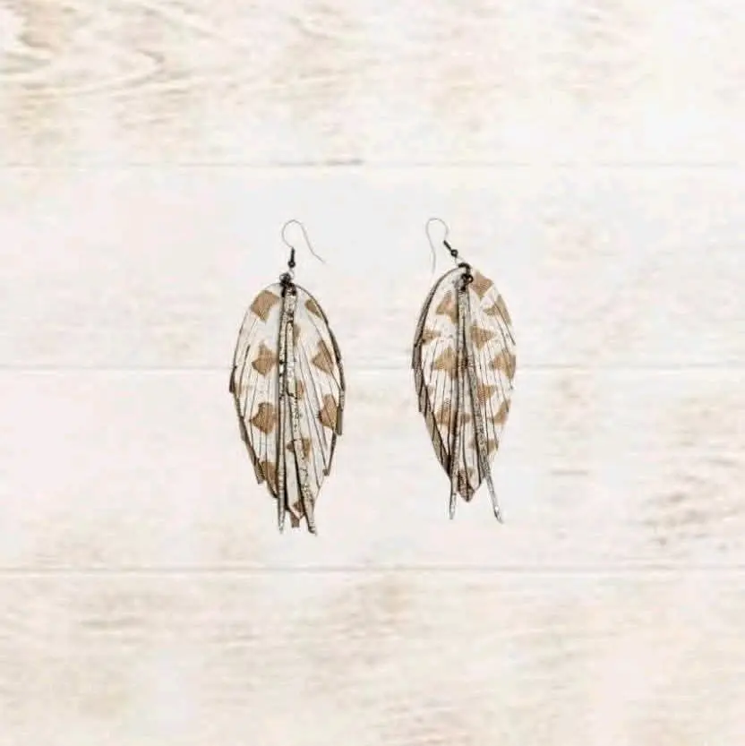 'Devon' Beige Handmade Handcut Fringe Feather Earrings