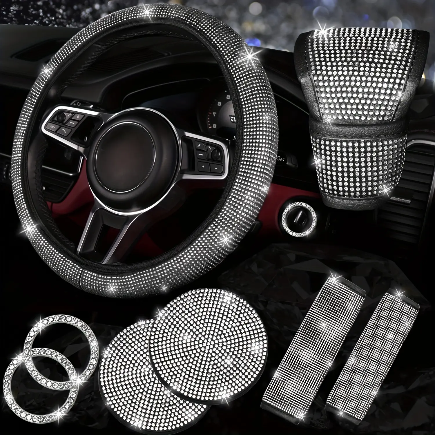 NBTEPEM 8-Piece Bling Car Accessories Set for Women - Rhinestone Diamond Steering Wheel Cover, Sparkly Seat Belt Covers & Bling Gear Shift Cover - Universal Fit Most Cars