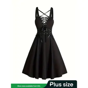 Plus Size Gothic Lace-Up Grommet Eyelet Tie-Front A-Line Dress, Soft Solid Jersey High-Waist Buckle Belted Sleeveless Short Dress for Party/Club/Dating Wear, Women’s Plus Size Summer Clothing, Dresses for Women, Womenswear, Plus Size Formal Dress