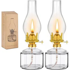 2 Pieces Large Glass Kerosene Lantern Vintage Oil Lamps for Indoor Use Decor Chamber, Hurricane Lamp Home Lighting Clear Lantern Classic Vintage Glass
