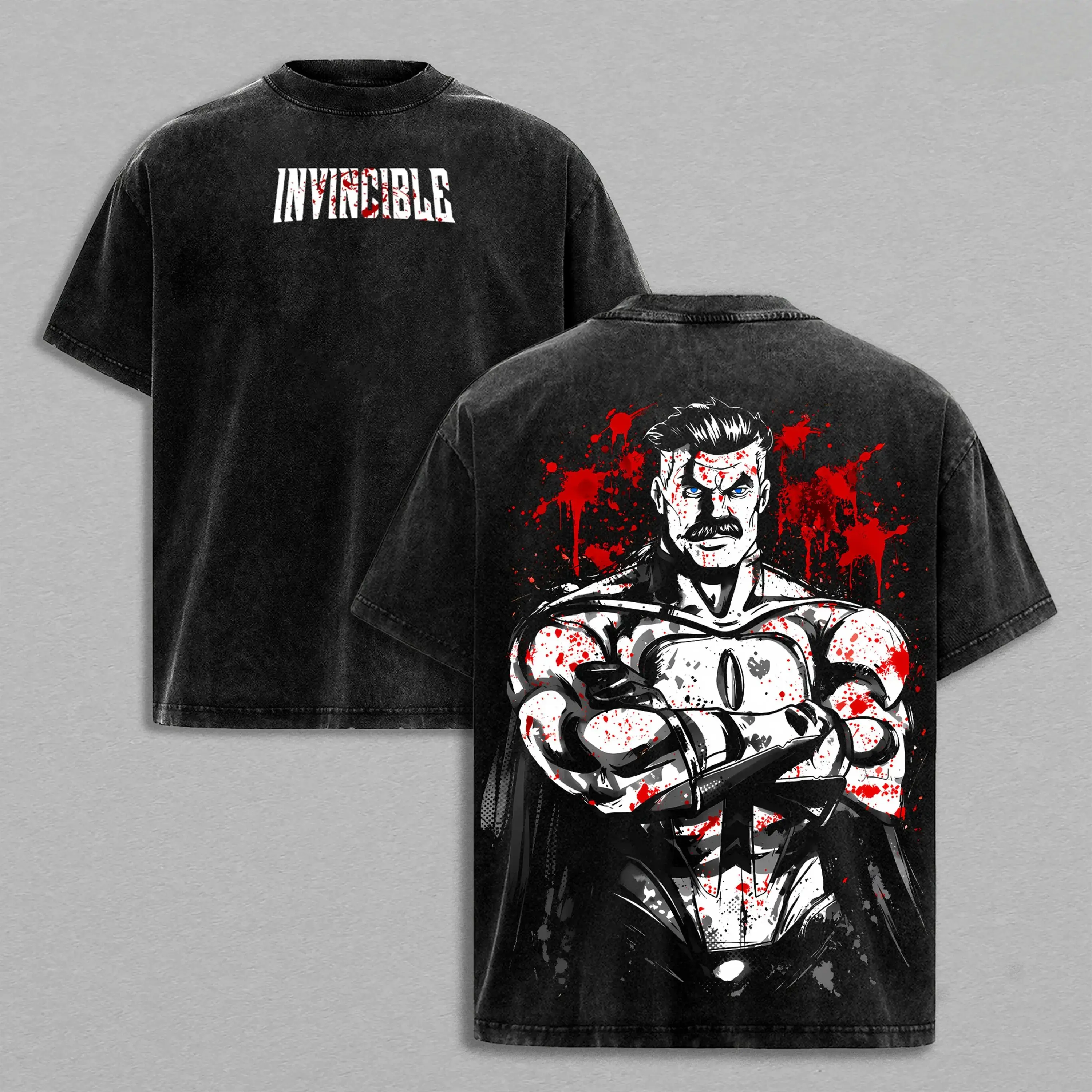 Omni-Man Washed Tee & Hoodie – Invincible Viltrumite Warrior Anime Graphic Double Printed T-Shirt, Menswear Heavy Cotton Unisex Oversize Streetwear Vintage Retro,funny graphic tee, men’s trendy t-shirts,