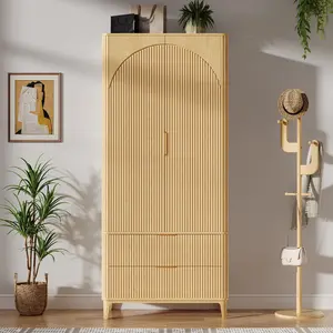 70" Wardrobe Armoire Wooden Closet with 2 Doors and 2 Drawers,Bedroom Armoire with Hanging Rod Shelf,Large Capacity Storage Wardrobe Armoire,Freestanding Wooden Closet Storage Cabinet Natural/Walnut/Black