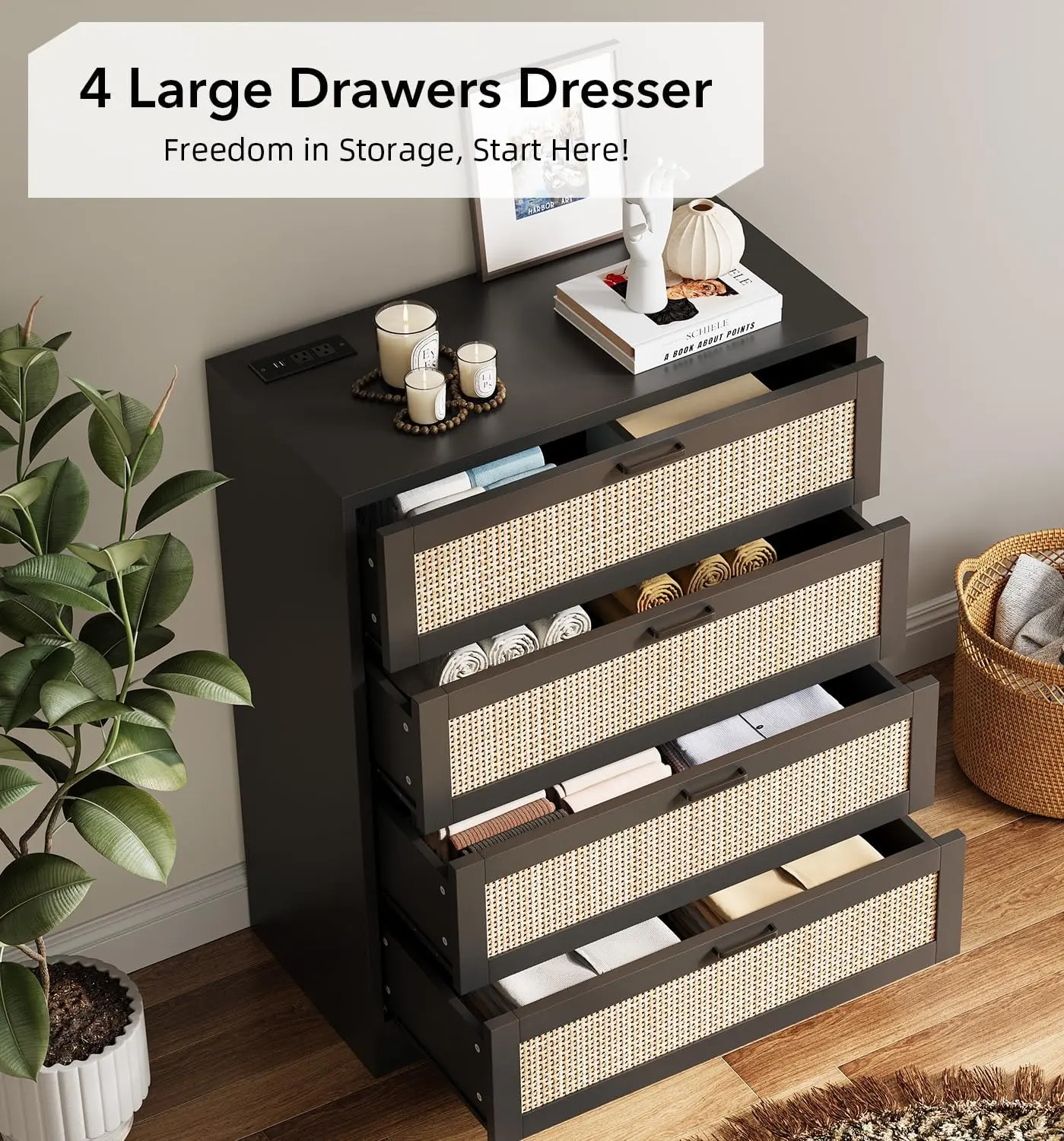 Natural Modern Black Tall Rattan Wooden Multi-Drawer Makeup Vanity, 4 Spacious Drawers with Pull Handles, Wide Top Surface, Easy Assembly, Multifunctional Storage Cabinet for Bedroom, Living Room, Multi-Drawer Makeup Vanities