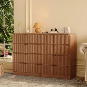 Modern Fluted 8-Drawer Dresser, Tall Rounded Edge Design, Walnut Finish Wooden Chest of Drawers