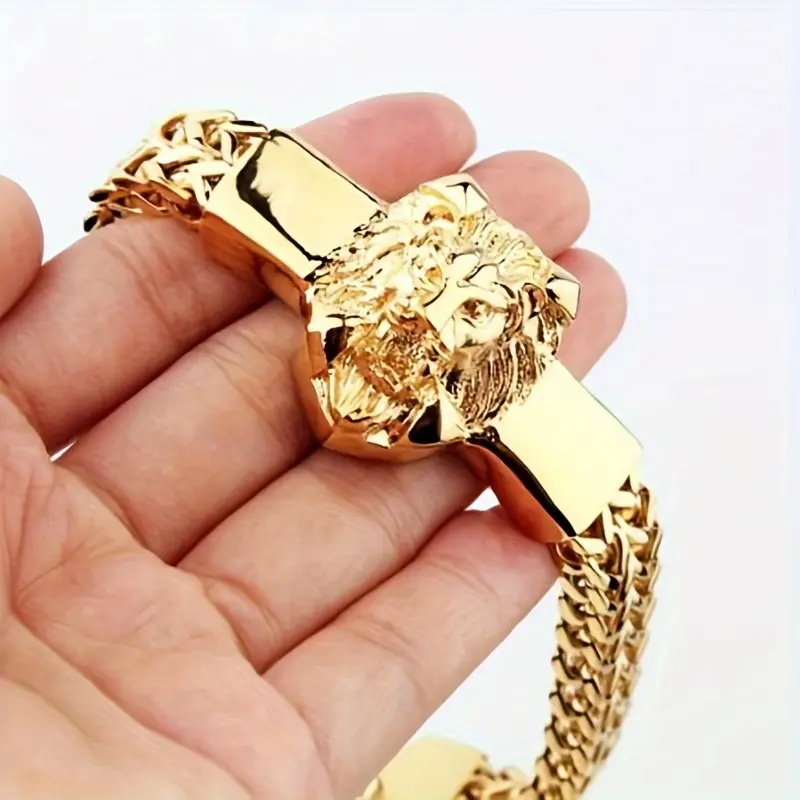 Men's Heavy-Duty Stainless Steel Cuban Link Chain Bracelet - 1-Piece Braided Wristband with Domineering Lion Head Accent, Exquisite Trendy Hip-Hop Costume Jewelry Accessory, Exquisite Trendy Bracelet, Men's Jewelry