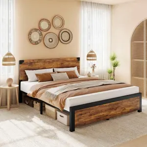 Full Brown Bed Frame with Wooden Headboard Platform Bed Frame with UnderBed Storage and Metal Legs Noise Free No Box Spring Required and Easy Assembly